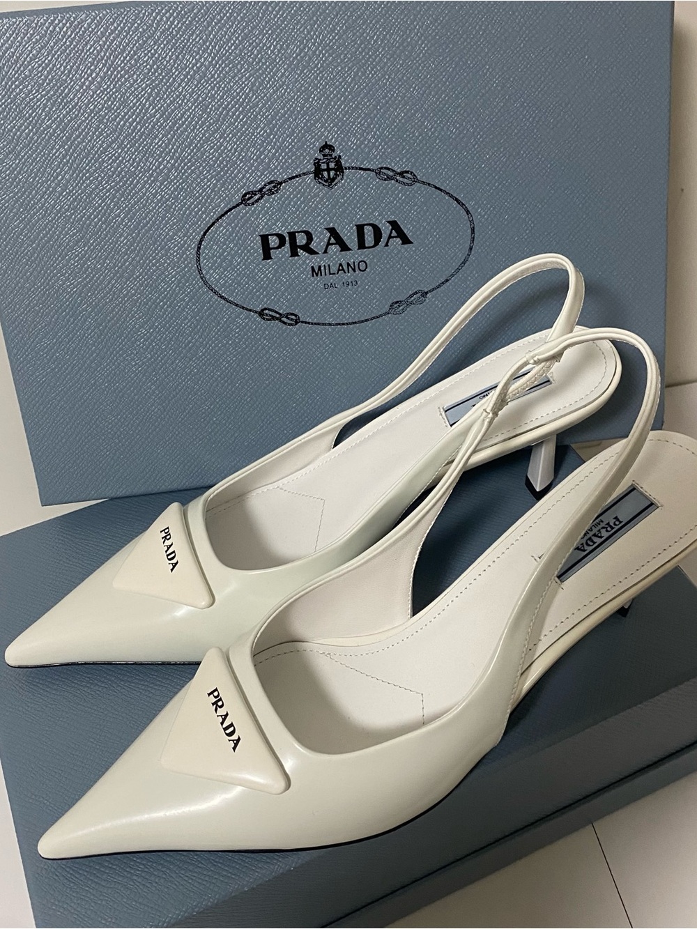 Prada Linea Rossa White Pointed-Toe Slingback Heels